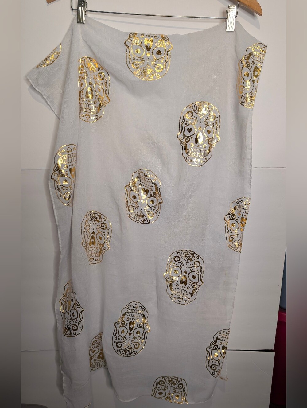 Gold Skull Print White Semi Sheer Scarf/ Wrap